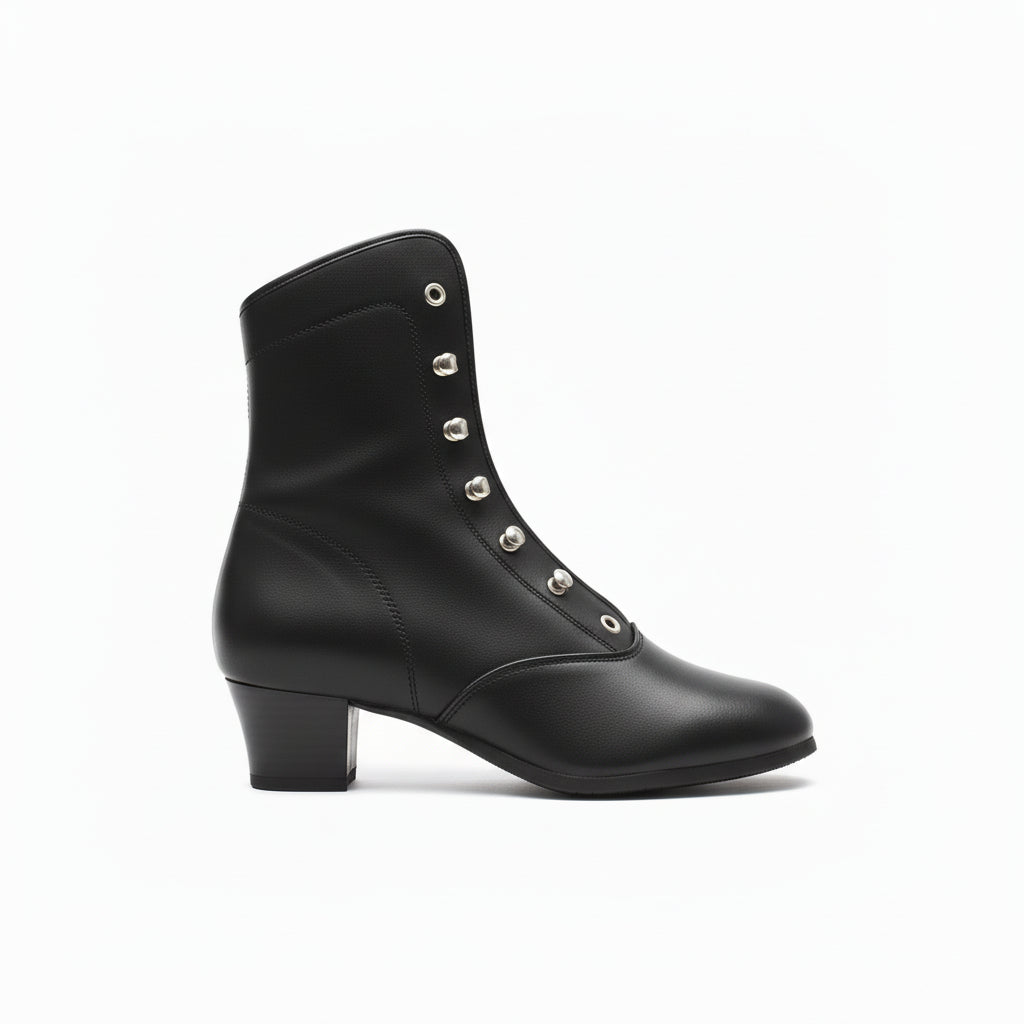 Black cancan ankle boot with silver studs on a white background